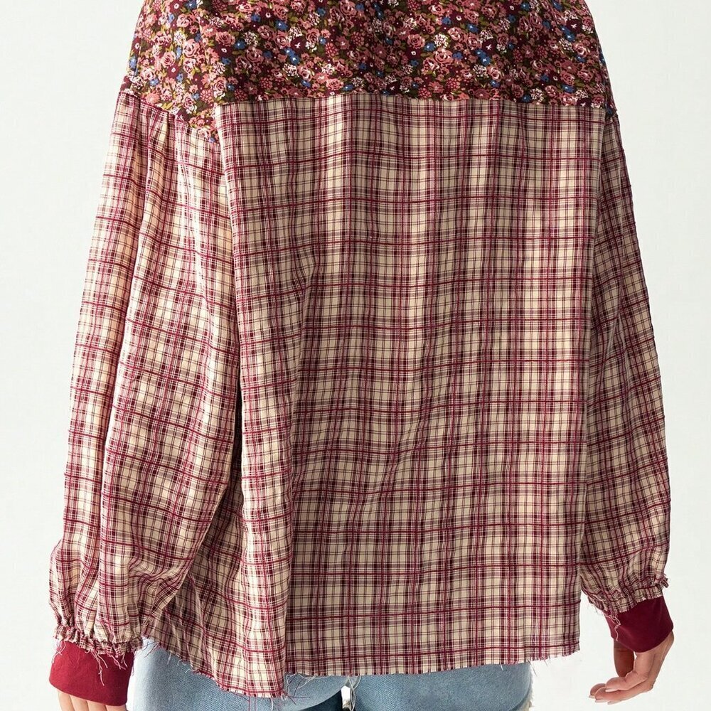 Burgundy Casual Women's Loose Knitted Patchwork Blouse - Picture 2 of 6